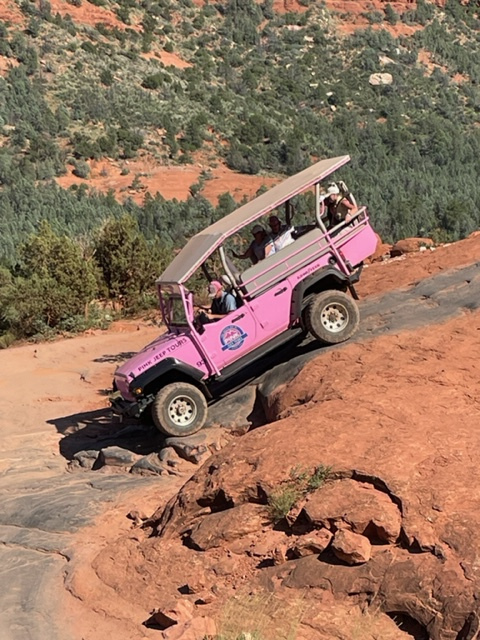 Pink truck on mountain